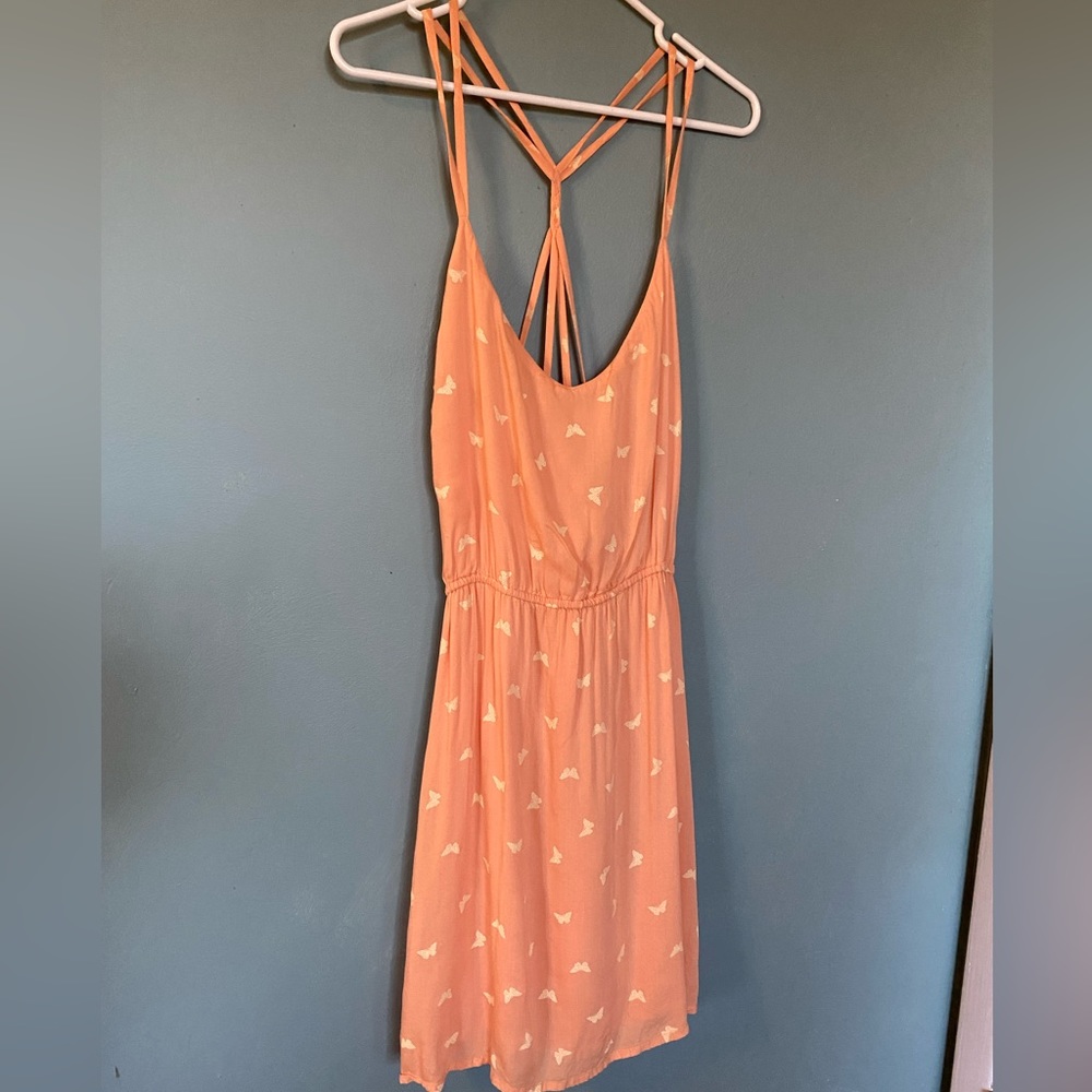 Retro 90s O'Neill SoCal Peach Butterfly Spaghetti Strap Mini Dress Cover Up XL